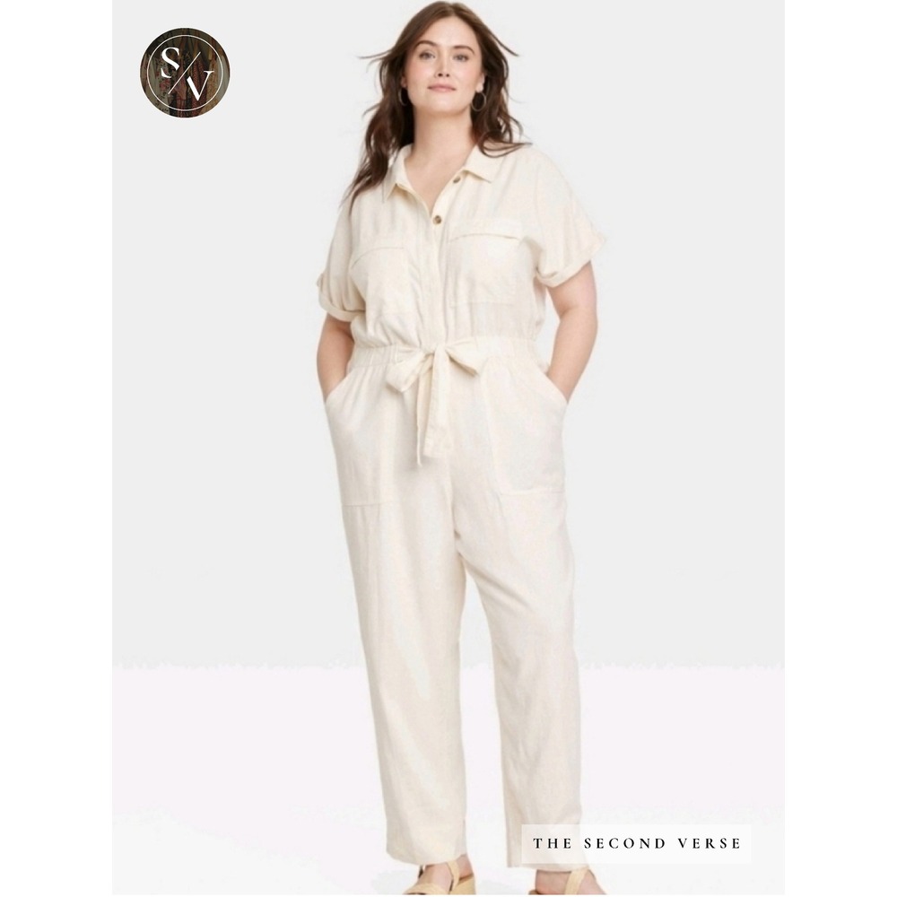 Universal Thread‎ Womens Utility Wide Leg Jumpsuit Cream Linen Blend Size 14